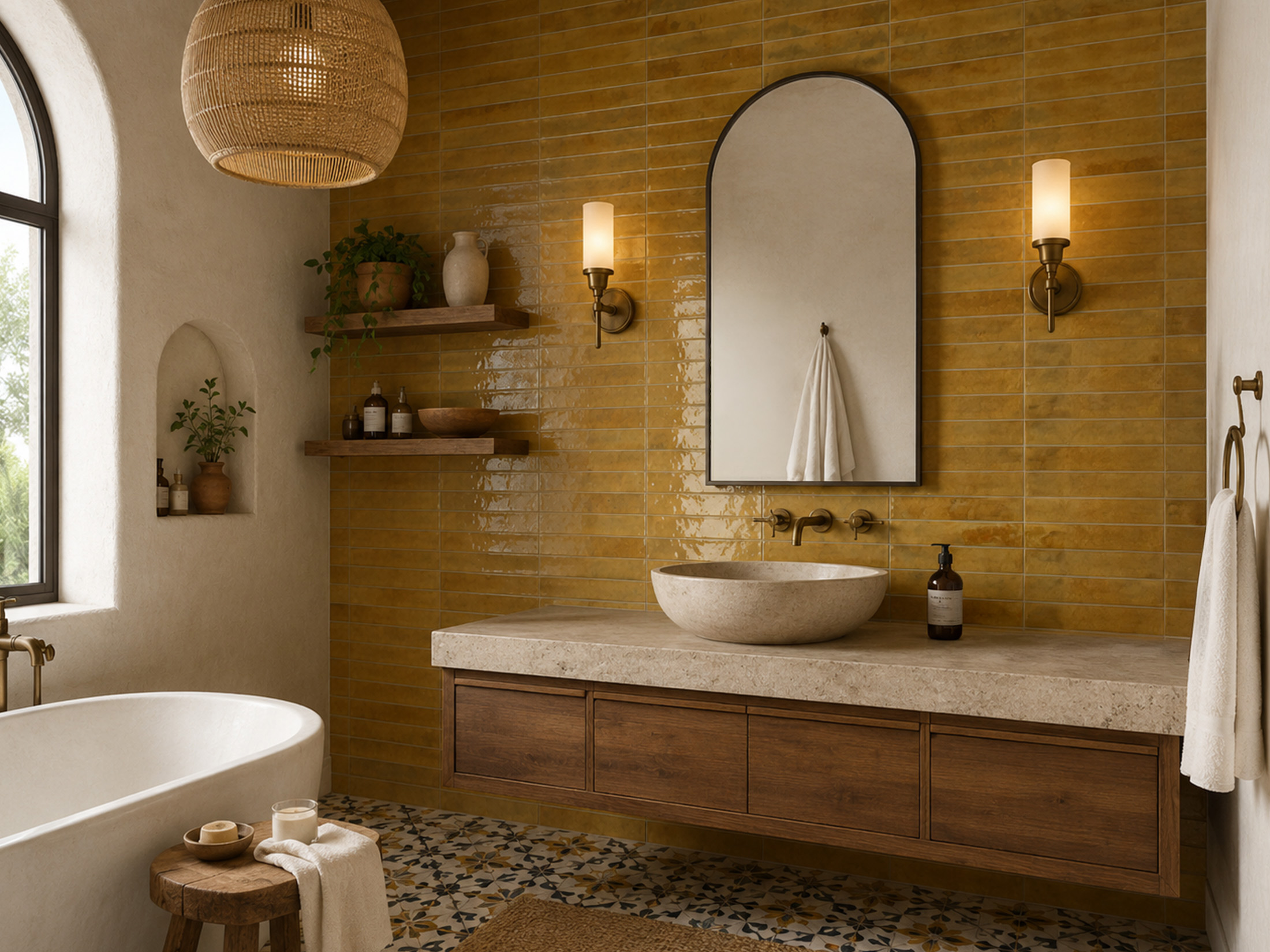 bali stone wall moss mediterranean bathroom