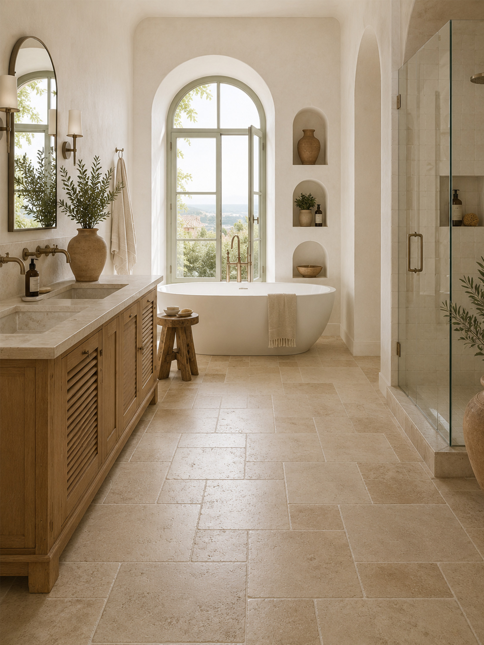 french pattern travertine mediterranean bathroom