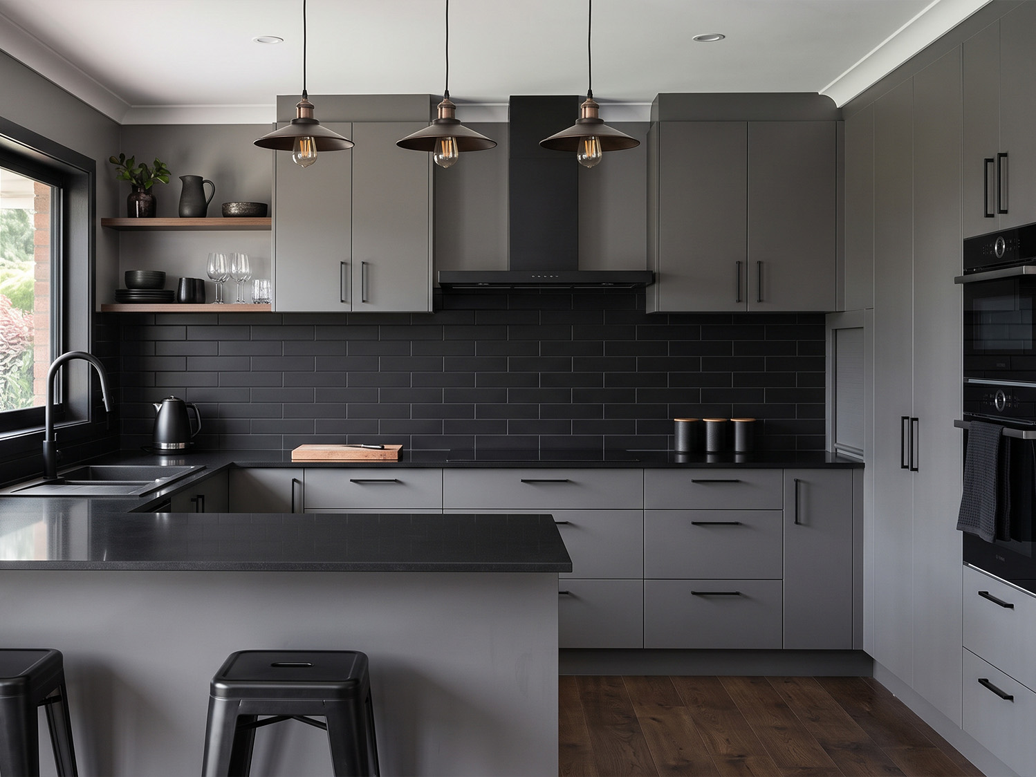 matte black subway tiles kitchen splashback