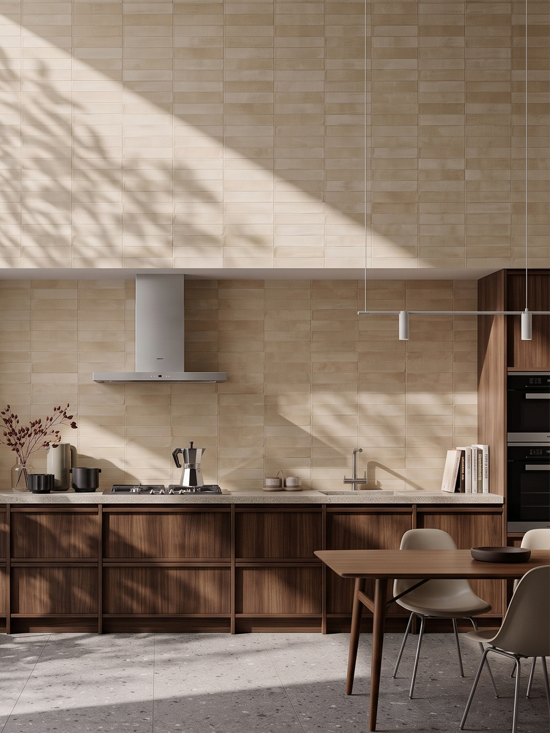 beige brick tiles kitchen splashback