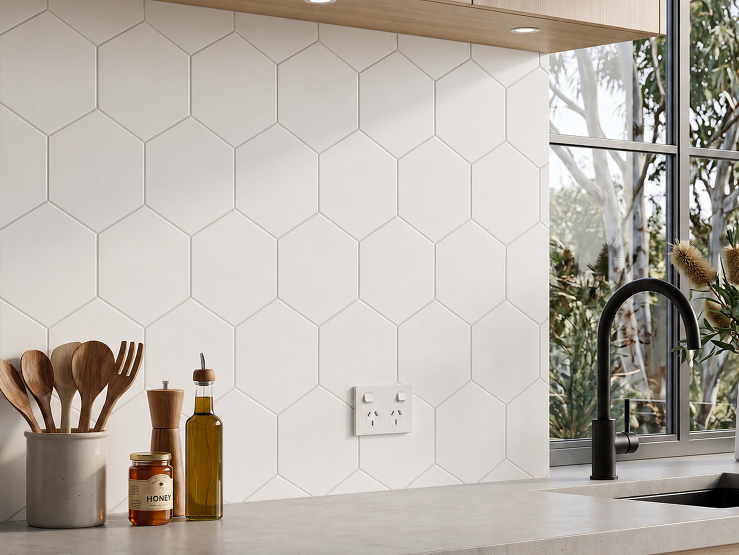 matte white hexagon tiles kitchen splashback