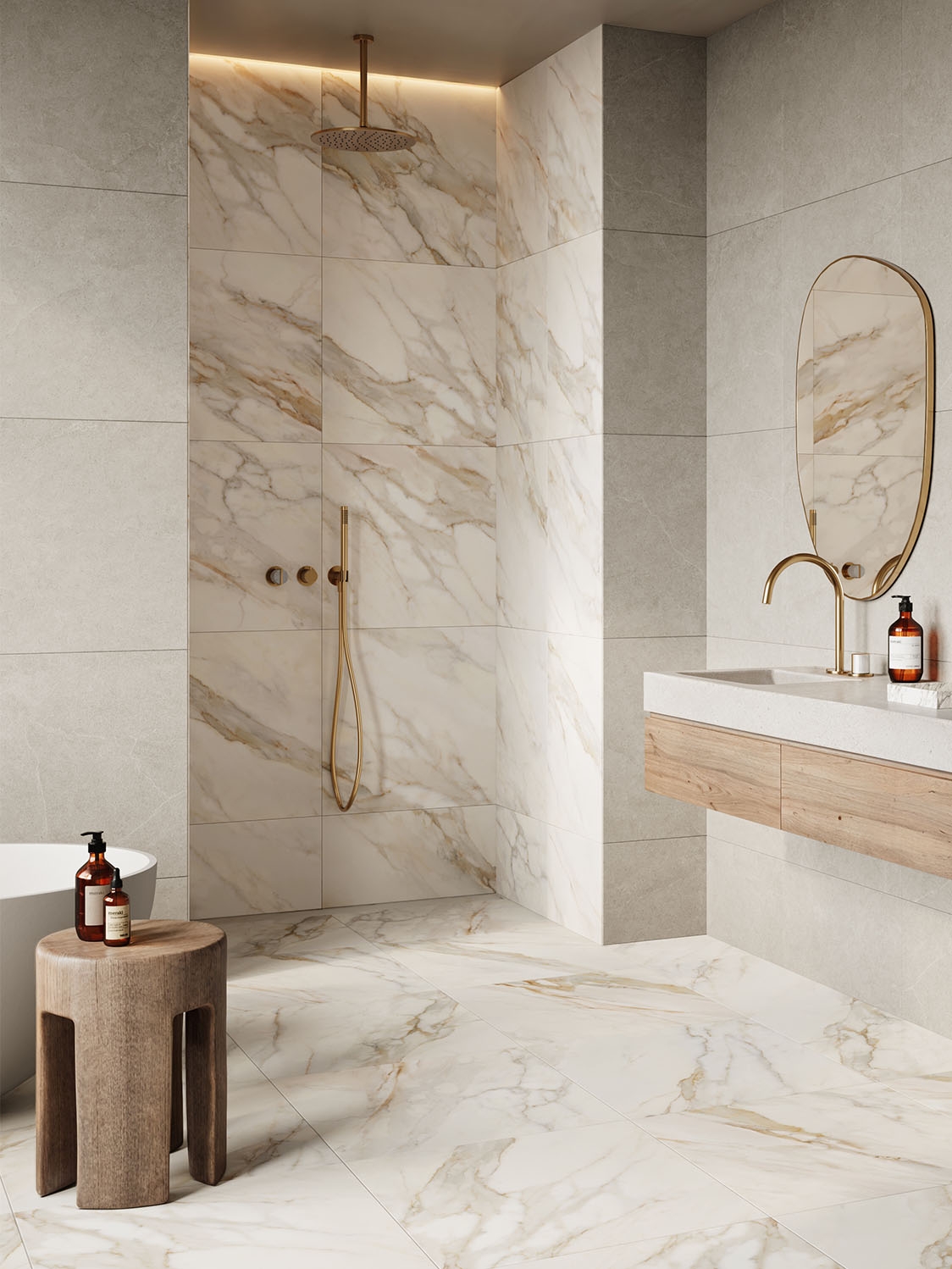 calacatta-look bathroom tiles