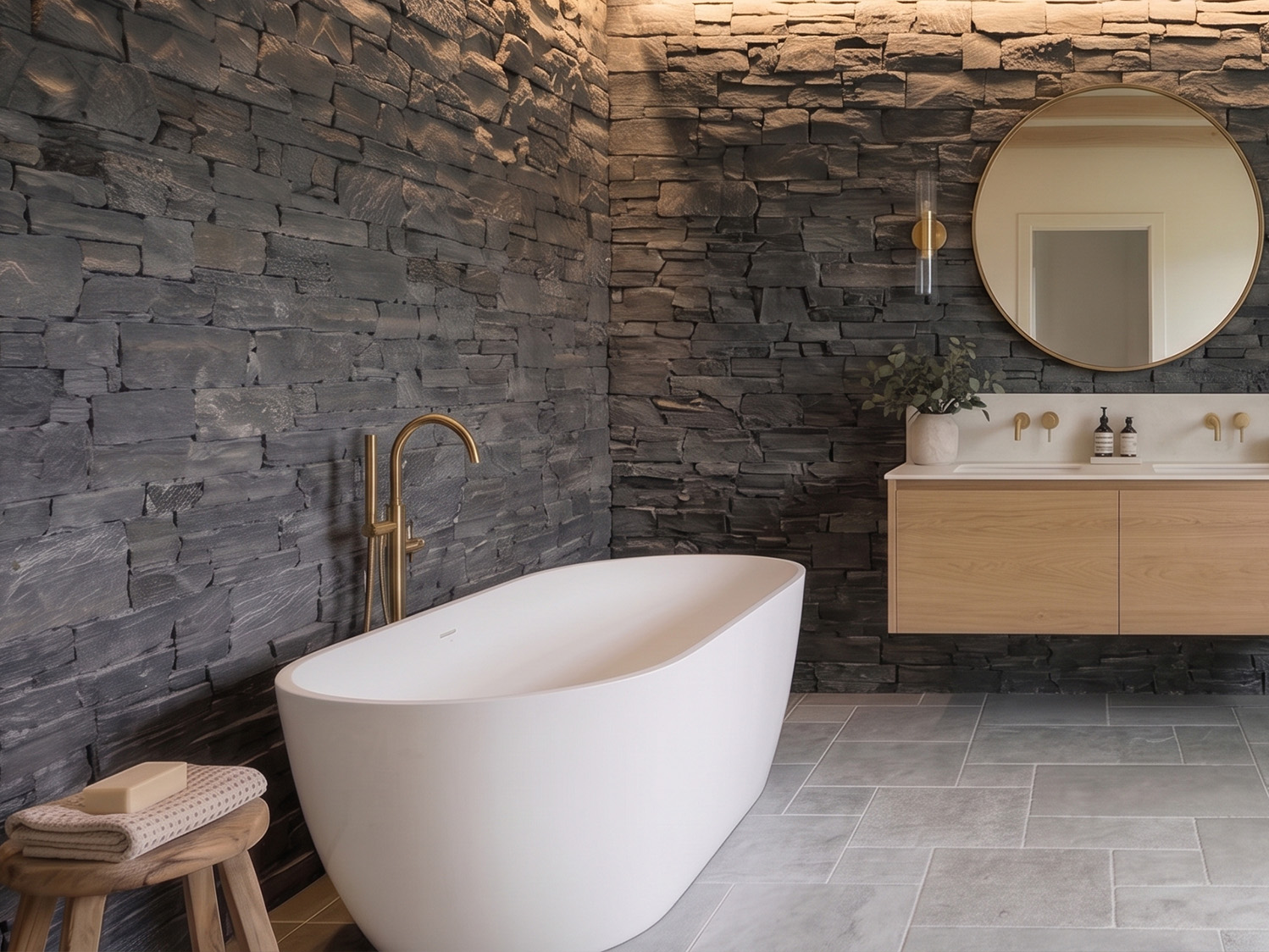ezystone slate stone veneer cladding on a bathroom feature wall