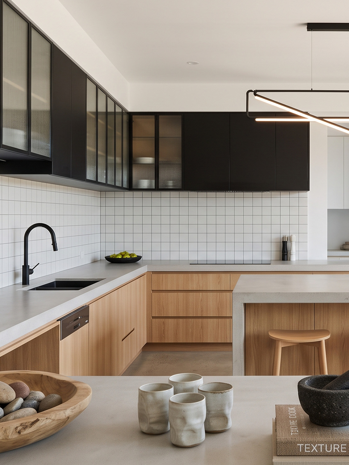 matte white square tiles kitchen splashback