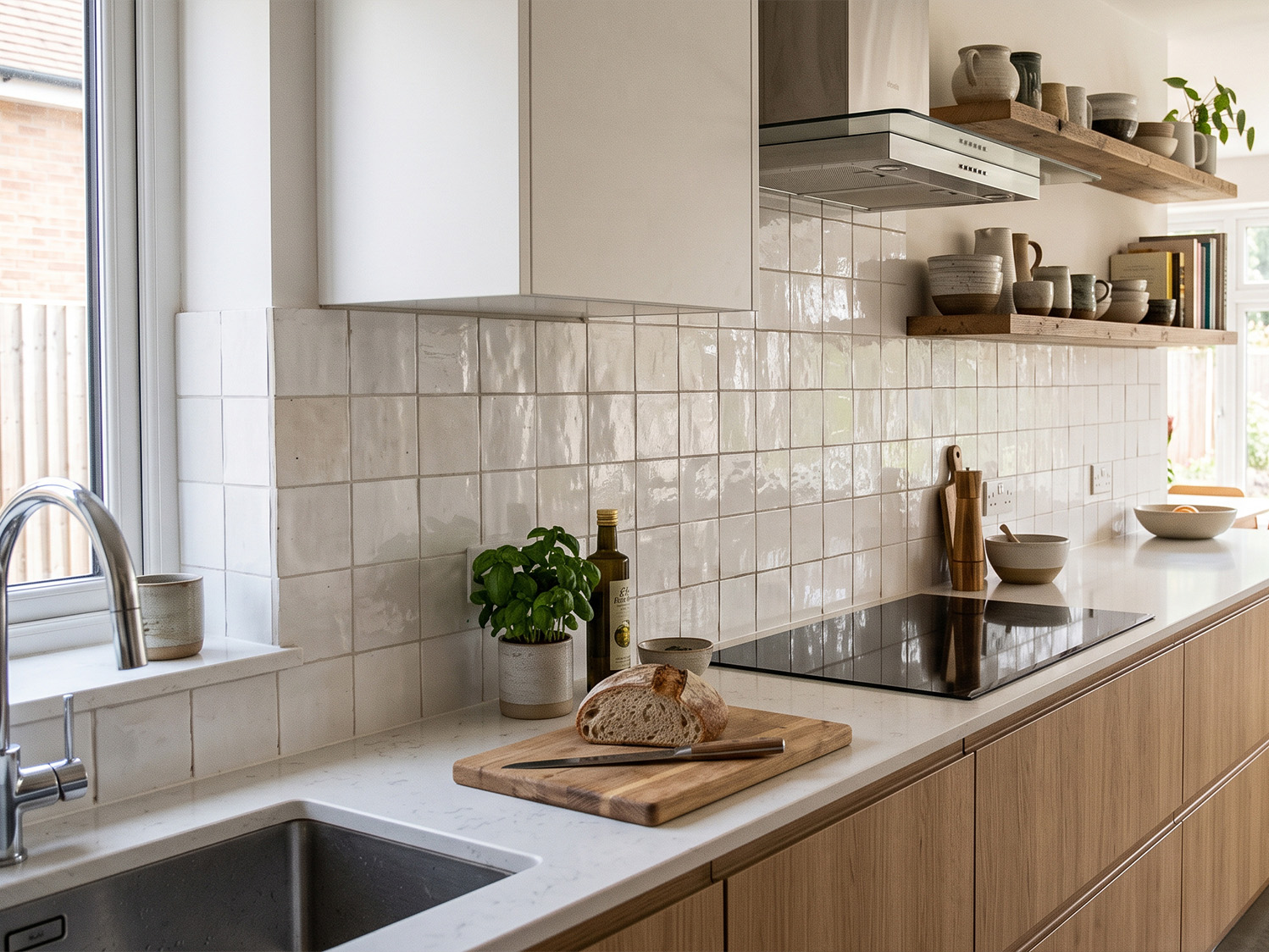 gloss white zellige tiles on kitchen splashback