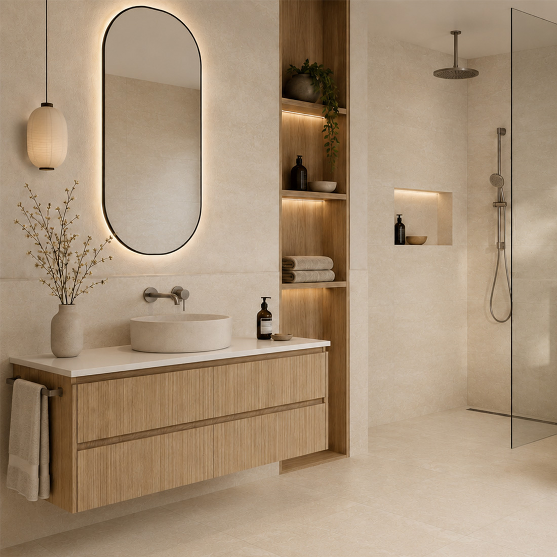 crosscut travertine look tiles in a bathroom